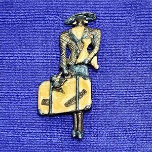 Lady Traveler Brooch Pin ONE OF A KIND Mid-Century Gold-Tone & Enamel RARE VTG